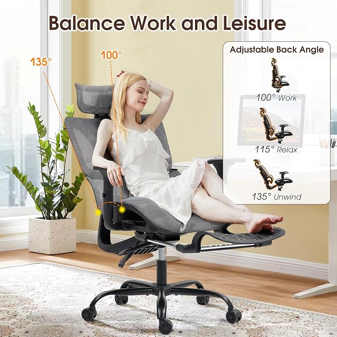 Grey Ergonomic High Back Mesh Office Chair with Footrest | Adjustable Lumbar Support, 3D Armrests, Headrest, 135° Reclining, Swivel, Home Office