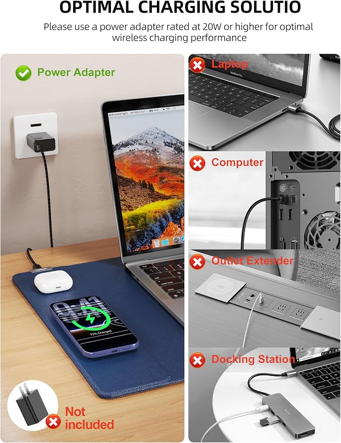 TopMade Mouse Pad with 15W Wireless Charging, XXL Large Leather Desk Mat, Waterproof Gaming Mousepad Home Office Desk Pad Protector, Computer Keyboard Pad, Mouse Mat for MacBook, PC, Laptop, Blue