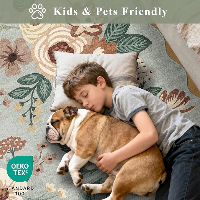 DUKINO 2x3 Entryway Rug, Floral Washable Indoor Door Mat with Non-Slip Backing, Soft Low Pile Small Front Door Throw Rugs for Entryway, Kitchen, Bedroom, Laundry, Bathroom, Sage Green