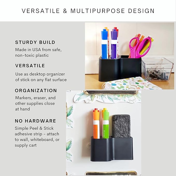Whiteboard Marker Holder Magnetic - Dry Erase Marker Organizer with Adhesive Mount - Office Supplies Organizer for Classroom, School, Fridge - Made in USA, White 2 Pack