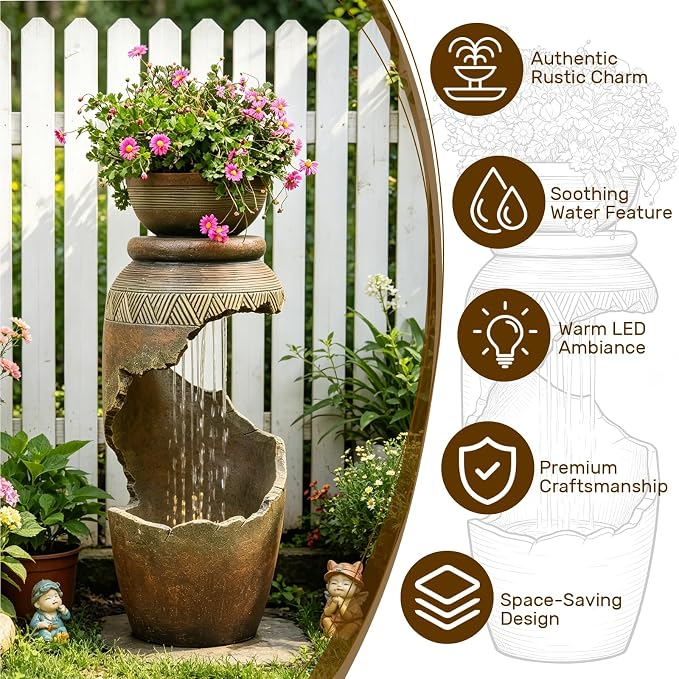 Sunlinua Outdoor Water Fountain with LED Light, Modern Spiral Tiered Outdoor Fountain with Stone Planter Curved Freestanding Waterfall Fountains for Garden Patio Deck Porch