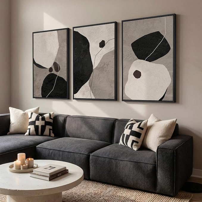 Large Framed Black and White Abstract Wall Art for Living Room, 3 Piece Modern Canvas Prints Paintings Artwork for Walls, Neutral Minimalist Pictures Wall Decor for Bedroom Dining Room Office 24x36 In
