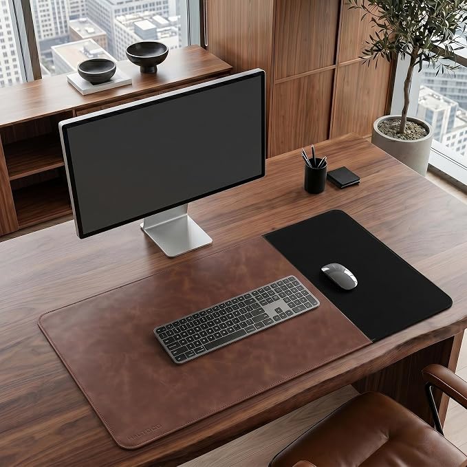 HAUTOCO Cork Desk Mat 31.5"x15.7", Distressed PU Leather & Cloth Desk Pad | Waterproof, Non-Slip, Stitched Edges, Brown Large Gaming Mouse Pad, Laptop Blotter & Desk Protector for Office and Home