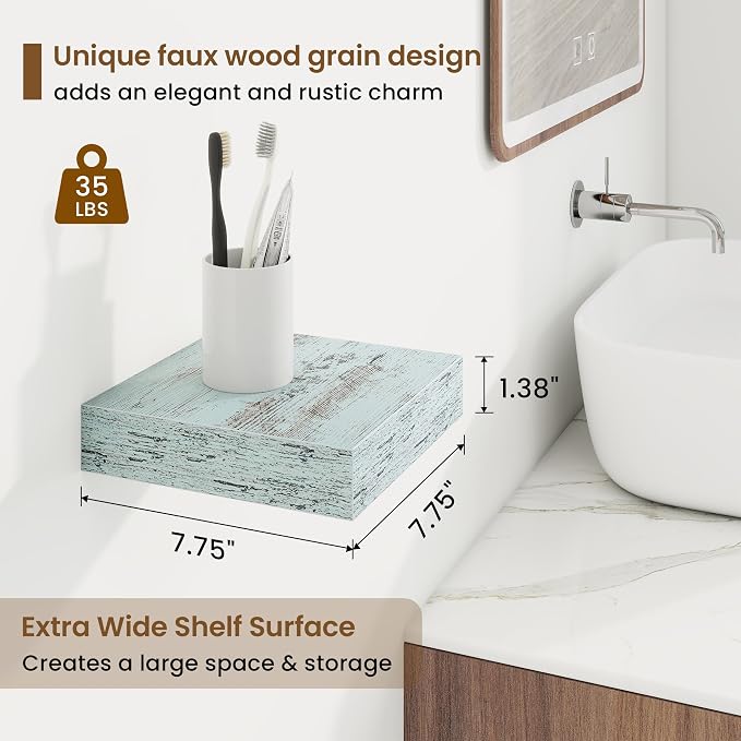 Marsmiles Square Floating Shelves for Wall, 8" W x 8" D x 1.25" H, 3 Pack Small Wall Mounted Engineered Wood Shelves with Invisible Brackets for Living Room, Bedroom, Bathroom, Kitchen Decor, Blue