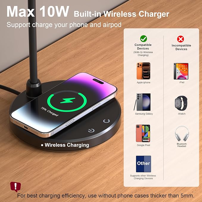 Desk Lamp for Home Office, Small Desk Lamp with Wireless Charger, Dimmable 3 Color Modes Study Lamp, Adjustable Neck 800LM Eye-Caring Desk Light, Bedside, College Dorm, Adapter Included