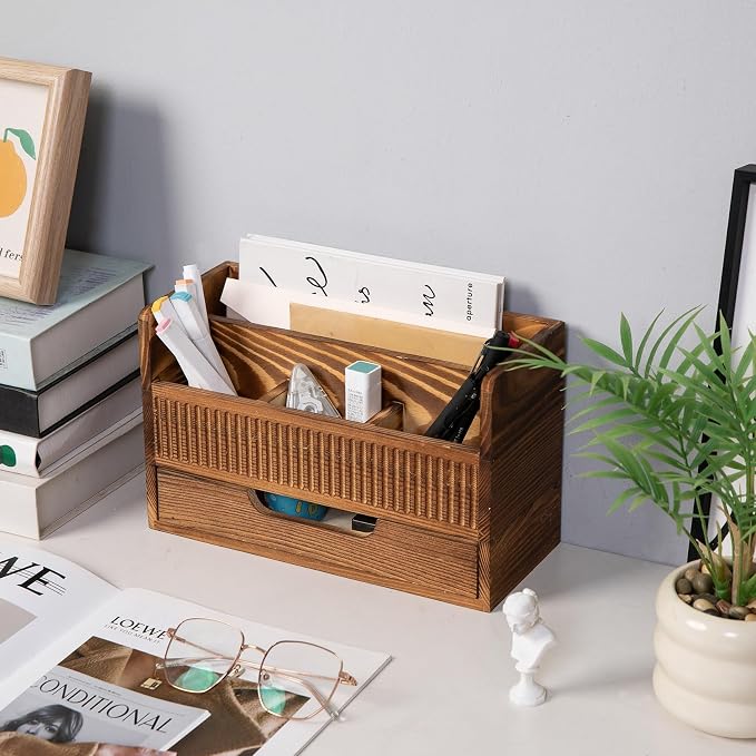 Rustic Brown Wood Desktop Stationery Organizer Mail Sorter Office Supplies Multiple Compartments Bottom Storage Drawer Wooden Caddy Pencil Holder Pen Scissors Tabletop Home Studio Workstation