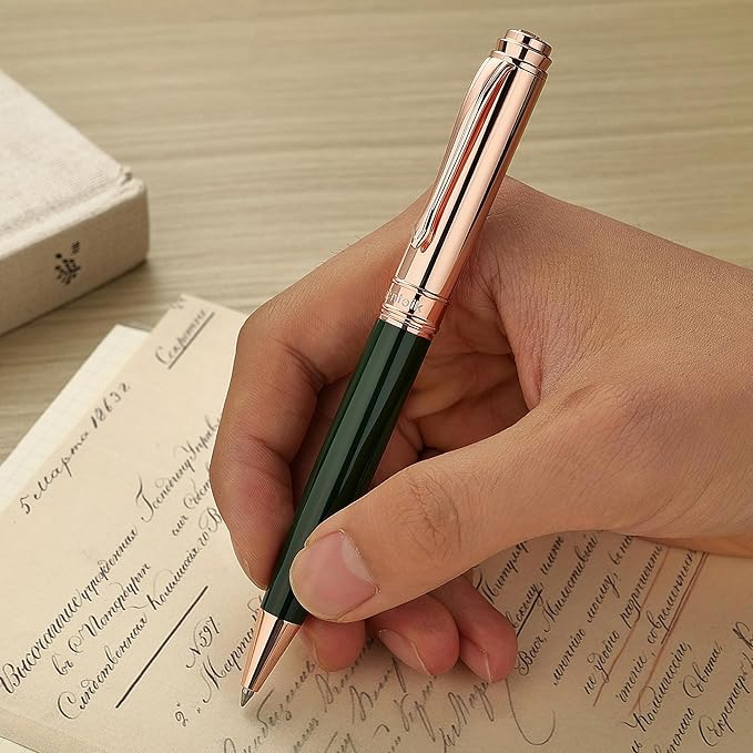 MCNTEIK Luxury Gel Pen, Top Set With 8mm Brilliant Diamond,Dark Green Pen Body,Attractive Rose Real Gold Finish, Black Refill,Elegant Gift Pen For Women, Executive, Fancy, Graduation, Nice Pens
