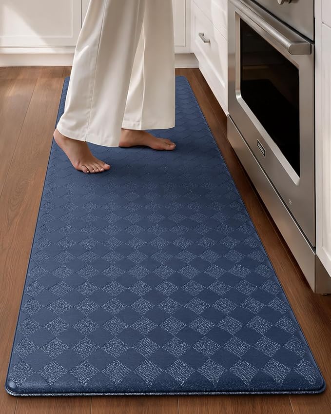 Color&Geometry Checkered Narrow Kitchen Floor Mat Anti Fatigue 17x47, Blue | Waterproof & Oil Proof, Easy Clean PVC Kitchen Rug For Busy Family, 0.4in Thick Cushion For Long Standing, Non Slip
