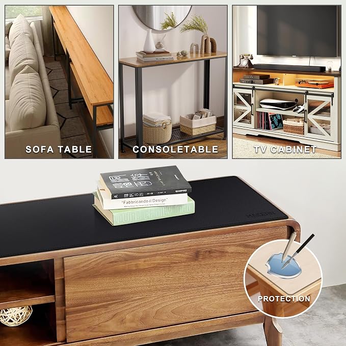 MAIDERN 39.4” x 7.9” Narrow Table Cover, Reversible Leather & Cork Console Table Mat, Long Slim Table Protector for Sofa Table, Entryway, Sideboard, Hallway, or Buffet Table (Black)
