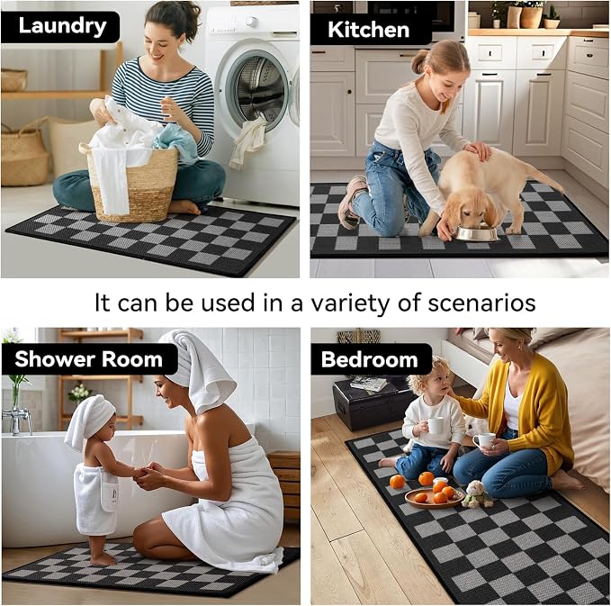 YDKGL Kitchen Mats for Floor, Super Absorbent Kitchen Rugs Non Slip Washable, Linen-Look Woven Cushion Runner Rug, Kitchen Sink Mat Standing Mat, Black Gray Checkered 17"x30"