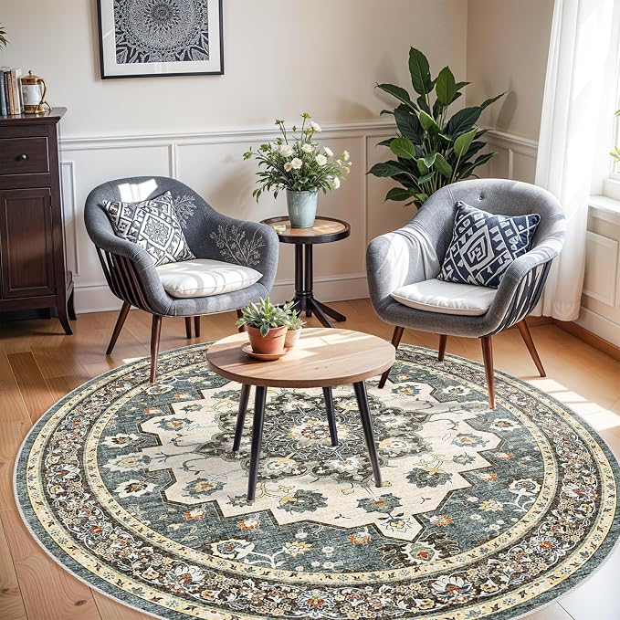 TOPRUUG Washable Oriental Area Rug - 8ft Round Rugs for Living Room Soft Carpet for Bedroom Waterproof Floral Distressed Indoor Stain Resistant Non-Shedding Floor Carpets (Blue, 8ft-Round)