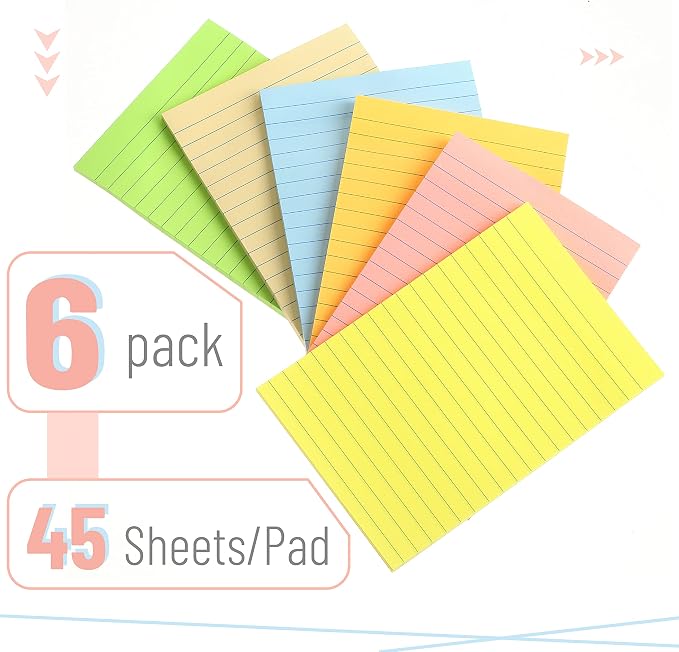 Mr. Pen- Lined Sticky Notes, 4" x 6", 6 Pads, 45 Sheets/Pad, Pastel Color | Sticky Notes with Lines, Ruled Post Stickies, Memo Pads, Self-Stick Note Pad for Office, School, Home, Study & Organization