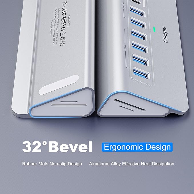 YH6AC Plus Powered USB Hub 10Gbps, 11 Port USB 3.2 Hub(USB A/USB C 3.2+4 USB-A 3.0+2 PD 45W Fast Charging Ports+SD/TF Card Reader), 65W Power Adapter,Aluminum USB HUB for PC,Laptop,iPhone 17/16