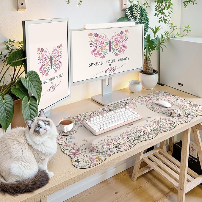 iCasso Desk Mat Set,Large Mouse Pad with Wrist Rest,Ergonomic Keyboard Wrist Support for Women,Girly Floral Computer Mat with Scalloped Edges,Non-Slip Desk Pad Home Office Gaming (Beige)