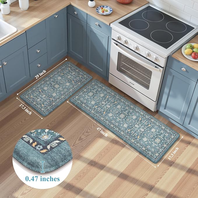 KIMODE Kitchen Floor Mat Anti Fatigue, Cushioned Kitchen Rug 2 Piece | Blue,Memory Foam Kitchen Mat for Floor Cushioned ,Boho Vintage Floral Kitchen Rug Non Slip for Laundry Sink Office Home Decor