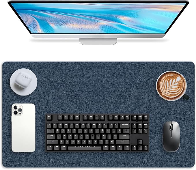 Leather Desk pad Protector, Office Mat, Large Mouse Mat, Non-Slip PU Leather Blotter, Laptop Desk Pad,Waterproof Laptop Computer Desk Keyboard Mat for Office/Work/Home/Decor (Dark Blue, 55in*18in)