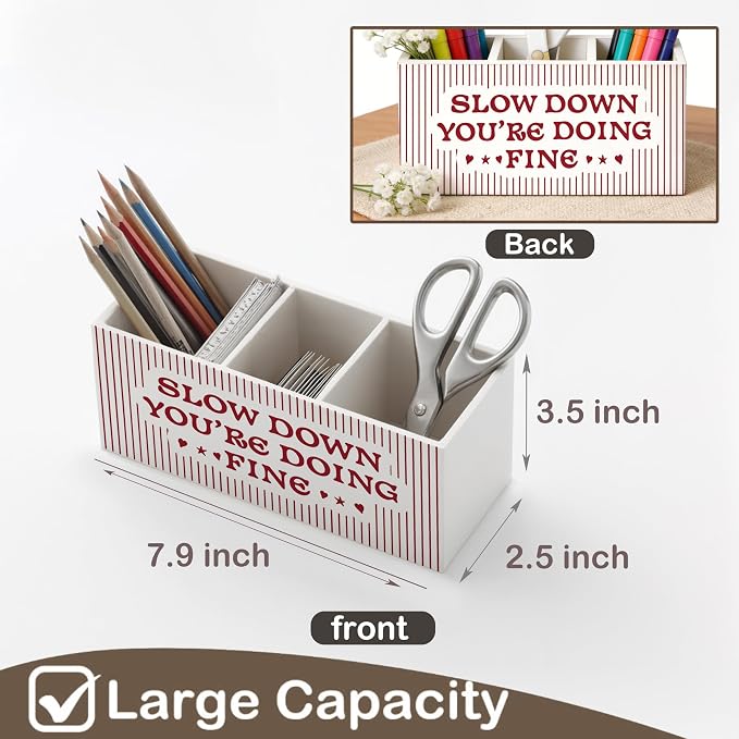 Striped Inspirational Wooden Pen Holder for Desk, Slow Down You're Doing Fine Positive Affirmations Pencil Organizer Wooden Box Sign for Therapy Office Home Decoration
