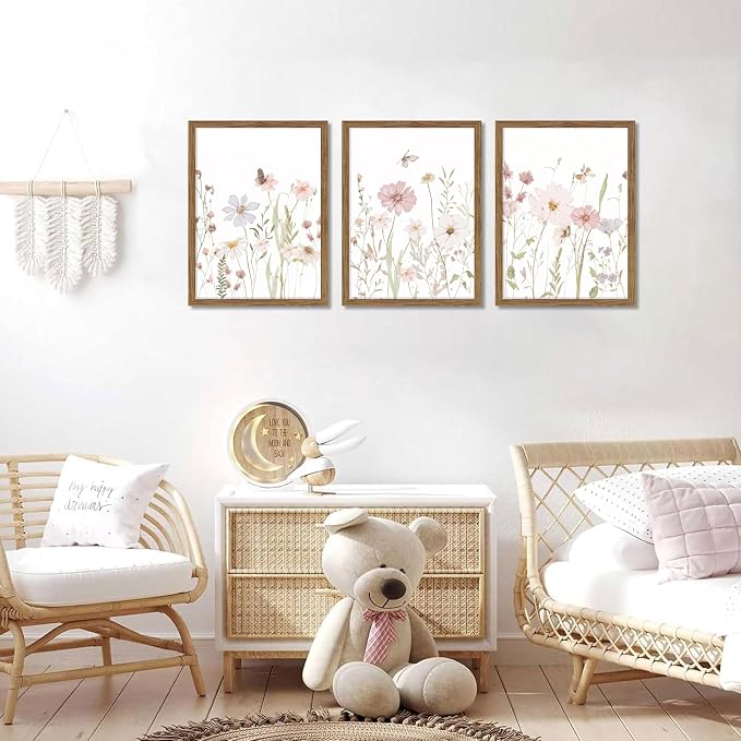 Framed Wildflower Wall Art Set of 3, Pink Floral Canvas Wall Decor Pictures, Vintage Flower Botanical Paintings, Nursery Flowers Butterfly Posters Prints for Bedroom Living Room 12x16 Inch