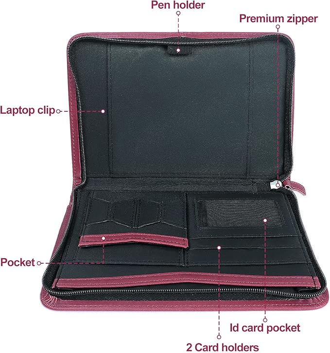 Mini Leather Zippered Padfolio Portfolio Binder 5 x 8 Legal Writing Pad, Professional Business Portfolio for Men & Women, Card Holder, Notepad Clipboard Holder, Red