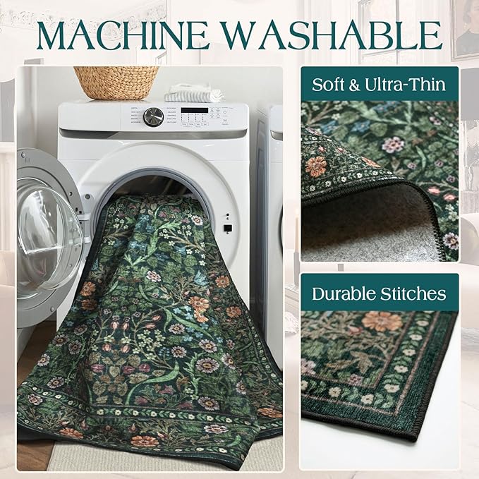Moss Green 9x9 Square Rug - Soft Washable Boho Floral Living Room Rug Non Slip Stain Resistant Vintage Retro Dark 9' Square Area Rugs for Bedroom Guest Room Dining Room Rugs for Under Table