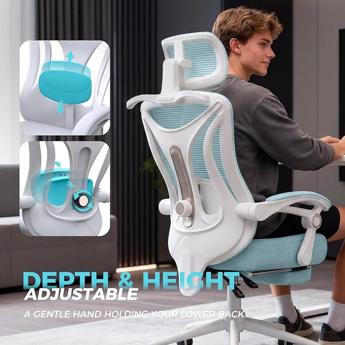 Ergonomic Office Chair with Footrest - Adjustable Lumbar Support & Headrest, 90-160° Reclining Mesh Back Computer Chair - Home Office/Gaming, 350lbs Capacity