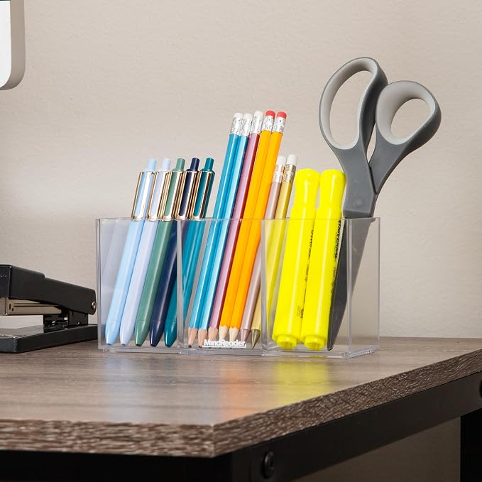 Mind Reader Pen and Accessories Holder, Desktop Organizer, Makeup Organizer, Office, Acrylic, 7"L x 2.5"W x 3.5"H, Clear