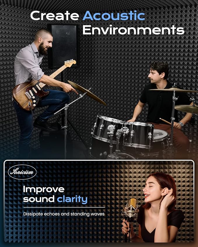 Sonicism Soundproof Wall Panels Self-Adhesive Pyramid 20 Pack,3" X 12" X 12" Acoustic Panels High Density Sound Proof Foam Panels for Walls Fast Expand,Sound Absorption & Decoration(Black)