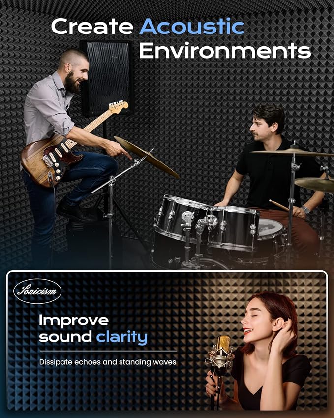 Sonicism Sound Proof Foam Panels for Walls 18 Pack Self-Adhesive 2"X12"X12" | Pyramid Acoustic Panels High Density Soundproof Wall Panels Fast Expand Sound Panels for Home Recording Studio Office,Black
