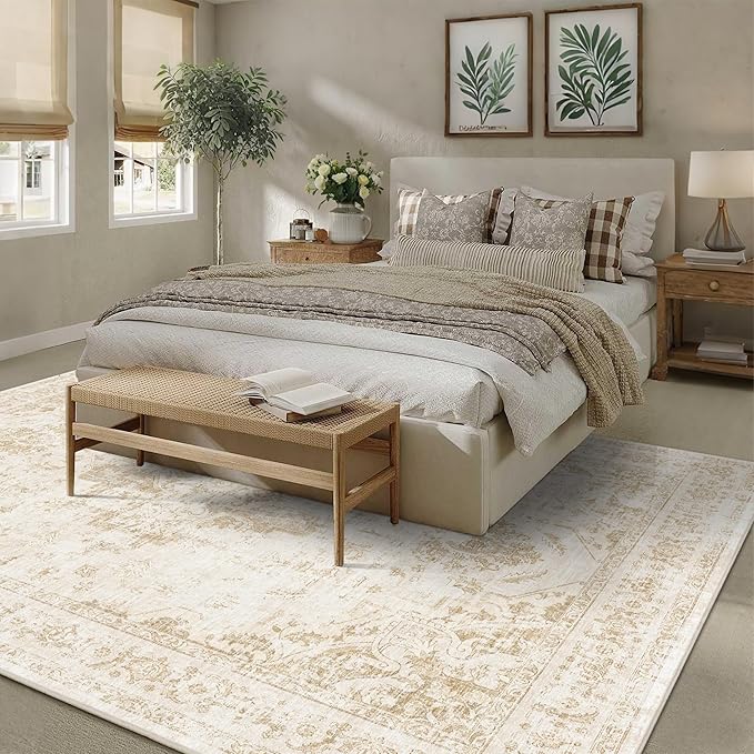 9x12 Vintage Washable Area Rugs Boho Medallion Large Distressed Retro Accent Carpet Floral Non-Slip Soft Low Pile Indoor Throw Rug for Living Room Bedroom Dining Room Office Kitchen, Beige