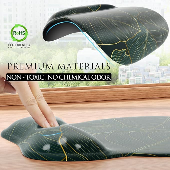 MROCO Ergonomic Mouse Pad with Gel Wrist Rest, Smooth Wrist Support Surface, Non-Slip PU Base for Pain Relief, Comfortable Mousepad for Computer, Laptop, Office & Home, 9.4 x 8.1 in, Green Leaves