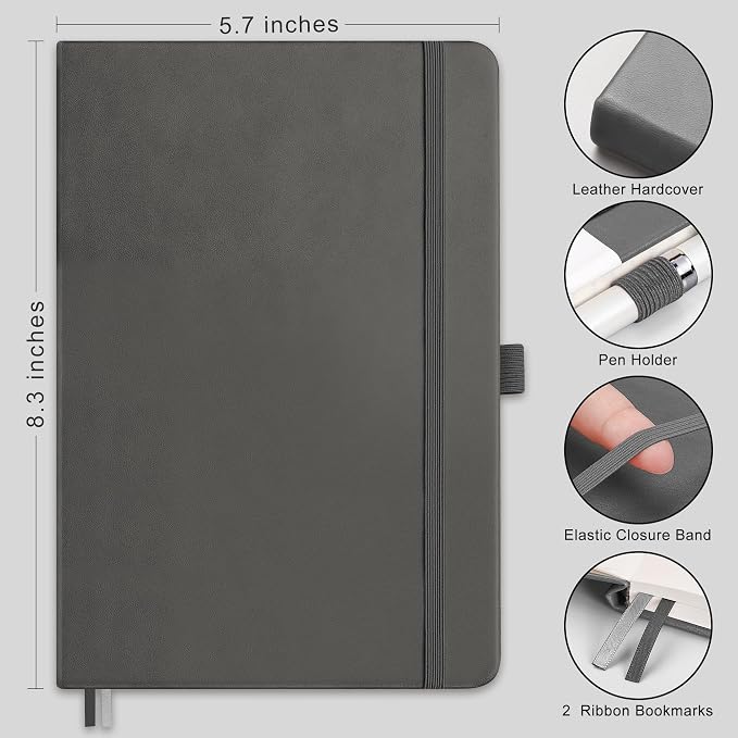 AHGXG Dotted Journal Notebook, 160 Numbered Pages, A5 Medium Size (5.7'' x 8.3''), 120 GSM Thick Paper, Leather Hardcover, for Journaling, Planning, Tracking (Gray)