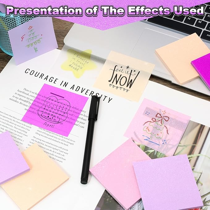 Transparent Sticky Notes 600 Sheets, Frosted Glitter Stardust Purple 3x3 Inch, High Glass-Like Clear Seee Through Post Self-Adhesive Notes for Women Office School Teacher Planer Bible Supplies 12 Pads