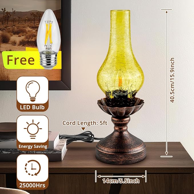 Vintage Table Lamp,Touch Control & 3-Way Dimmable Rustic Retro Farmhouse Bedside Lamp with Amber Glass Shade and LED Bulb for Bedroom, Living Room, Cabin, Office