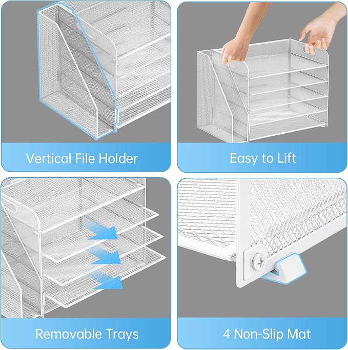 5-Tier Desk Organizer with File Holder, Paper Organizer for Desk, White | 5 Letter Trays and Vertical File Holder with Metal Mesh Frame for Papers Folders Books and Mail in Office Home or School