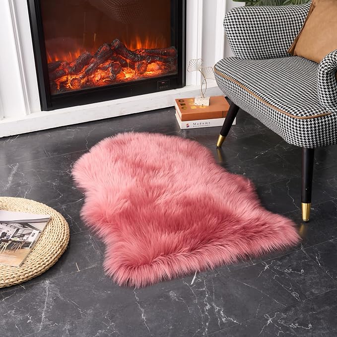 EasyJoy Ultra Soft Fluffy Shaggy Area Rug Faux Fur Rug Chair Cover Seat Pad Fuzzy Area Rug for Bedroom Floor Sofa Living Room (2 x 3 ft Sheepskin, BlushPink)