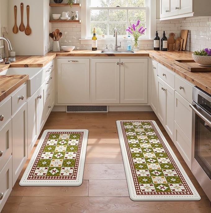 GENIMO Anti Fatigue Kitchen Mats for Floor 2PCS, Cushioned Standing Mats | 17.3"x47"&17.3"x30", Dark Green vintage floral rug set, waterproof, non slip, easy-clean for farmhouse