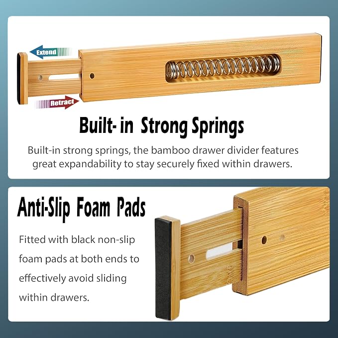 4 Pack Bamboo Drawer Divider, 17-22" Adjustable Organizers | Expandable bamboo separators, firm spring design, great for kitchen, dresser, closet, bathroom and bedroom organization
