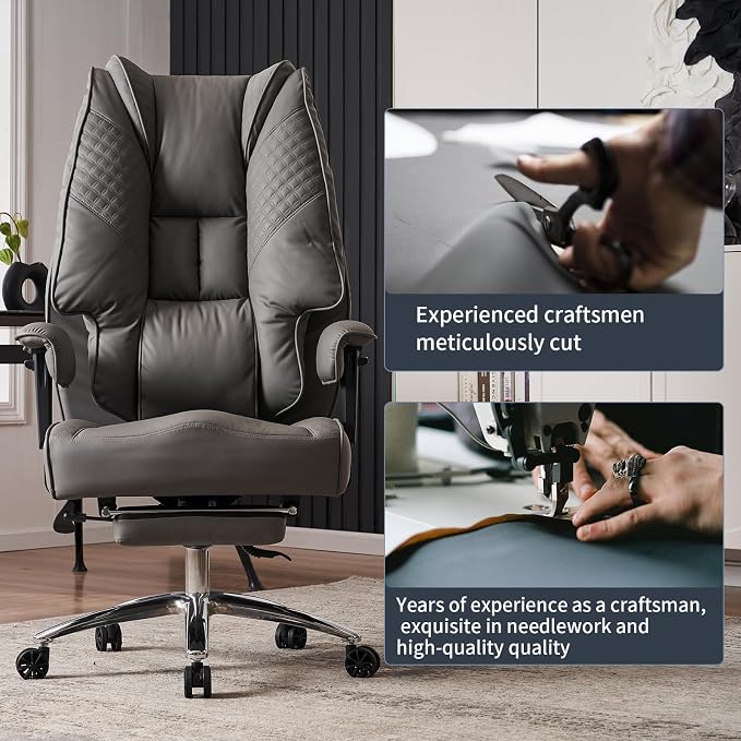 EXCEBET Big and Tall Office Chair 400lbs Wide Seat, Leather High Back Executive Office Chair with Foot Rest, Ergonomic Chairs Lumbar Support for Lower Back Pain Relief (Grey)