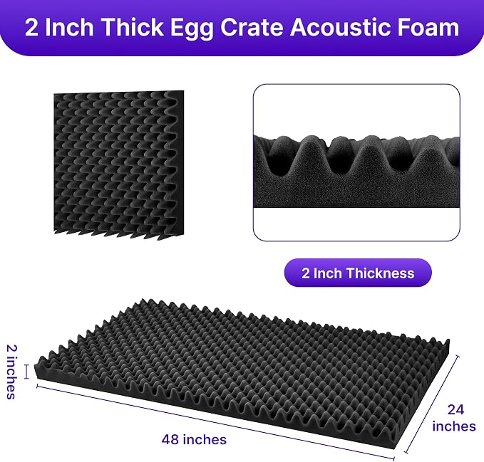 2 Pack Sound Proof Foam Panels for Walls, 48" x 24" x 2" Self-Adhesive Acoustic Panels, High Density Egg Crate Sound Dampening Panels for Recording Studio, Home Office