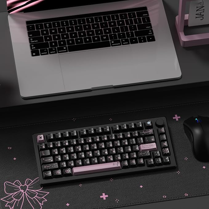 dagaladoo Keyboard keycaps Set, Double Shot PBT keycaps,dye-sub Cherry Profile Custom Key caps 60 65 75 Percent for Cherry-mx 61/66/75/80/87 Retro Mechanical Keyboard,Black/Pink Metal Coating