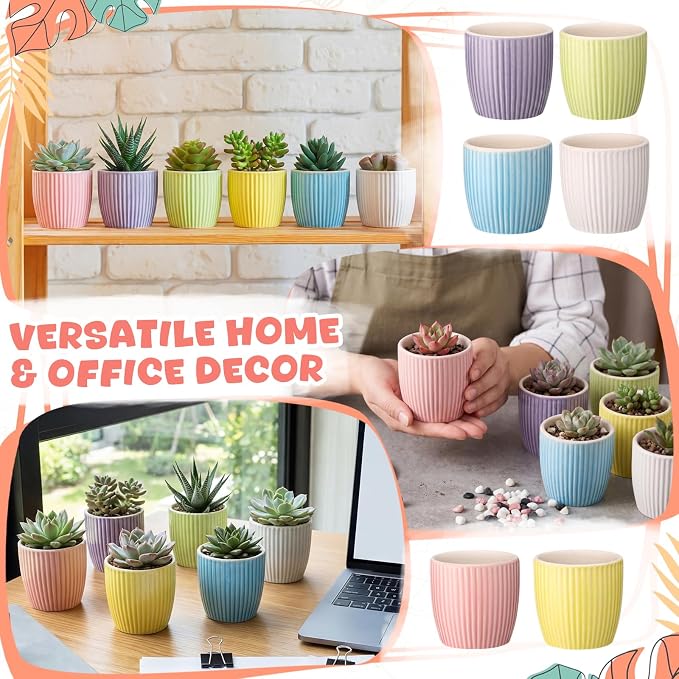 24 Pcs 2.7 Inch Small Succulent Plant Ceramic Pot with Drainage Hole, Cute Mini Succulent Pots for Plants, Succulents, Cactus, DIY Easter Spring Craft Activity, 6 Colors(Vertical Stripes)