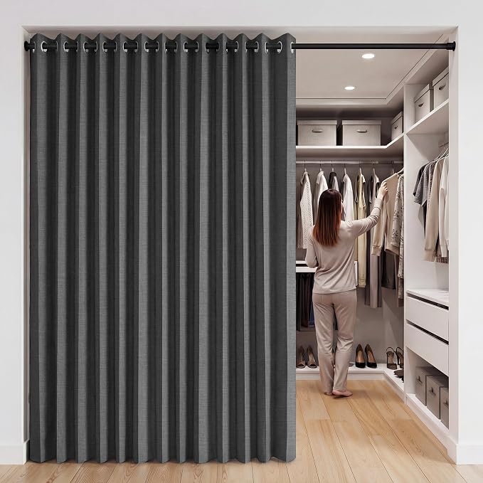 RYB HOME Accordion Style Room Divider Curtain-100% Blackout Folding Accordion Curtain for Sliding Glass Door/Bedroom, Privacy Assurd Living Room/Office Drape 1 Panel with Tieback, W100 x L84, Black