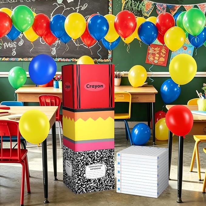 115 Pcs Back to School Decor Sets Rainbow Balloon Arch Kit Composition Notebook Pencil Crayon Balloon Box for Classroom Party Kindergarten Graduation Teacher Appreciation Photo Booth Prop Supplies