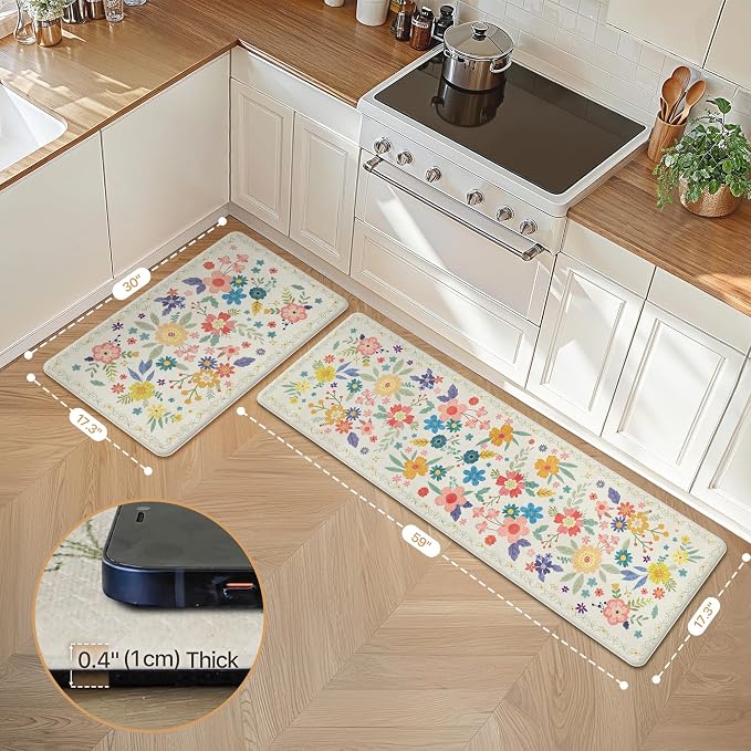 GENIMO Anti Fatigue Kitchen Mats for Floor 2PCS, Cushioned Standing Mats | 17.3"x59"&17.3"x30", SoftWhite vintage floral rug set, waterproof, non slip, easy-clean for farmhouse