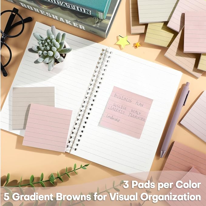 Wiooffen 15 Pads Brown Color Sticky Notes with Lined 3x3 inch Ruled Self Stick Notes Pads Boho Super Sticking Power Memo Pad Vintage Colors Post Note for Office School Meeting Home 40 Sheets/pad 3x3in