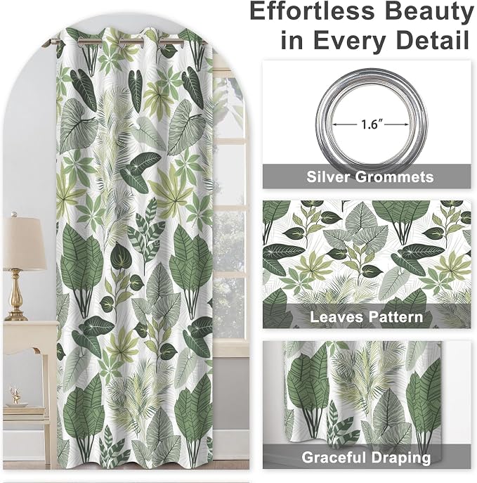 Blackout Curtains 84 Inch Length 2 Panels Set, Tropical Leaves Pattern Printed Thermal Insulated Drapes Noise Reduction Room Darkening Grommet Blackout Curtains for Bedroom Living Room Window