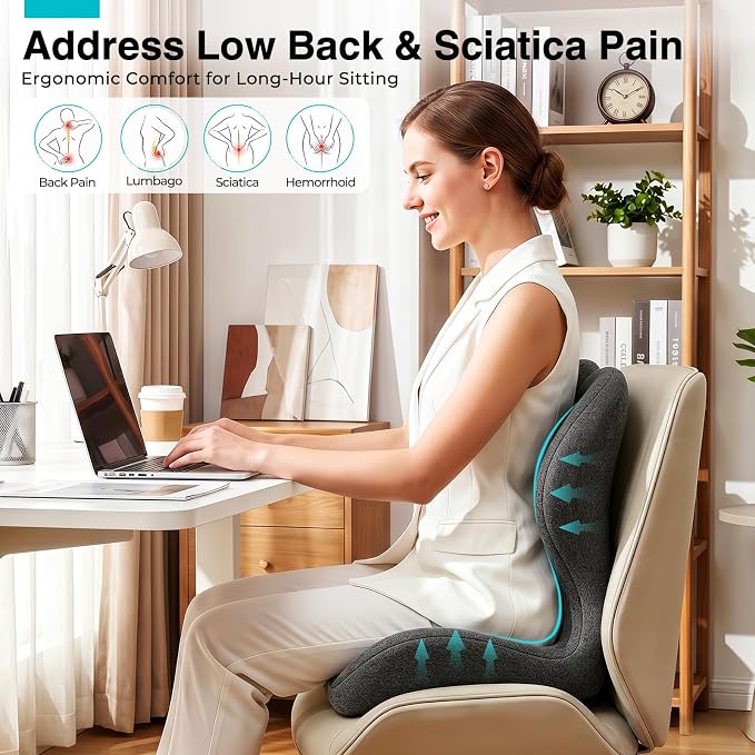 Seat Cushion for Office Chair and Car, L-Shaped Memory Foam Seat Cushion, Ergonomic Sciatica & Tailbone Pain Relief Cushion with Non-Slip Breathable Cover, Back Support for Office Chair-Dark Gray