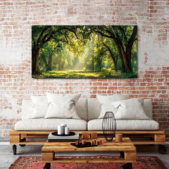 AIYISU Green Forest Wall Art Panoramic Woodland Landscape Canvas Pictures Nature Wall Decor Sunrise Sunlight Trees Scenery Poster Living Room Bedroom Office Hallway Cabin Lodge Home Decoration 30x60