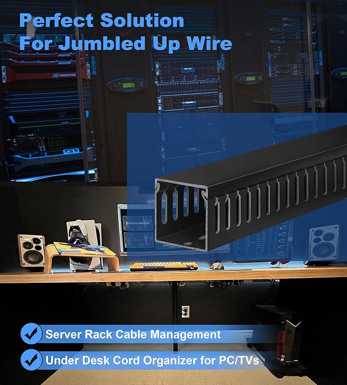 ZhiYo 2"H x 2"W Cable Raceway, 6ft Under Desk Wire Management Channel Black | Slotted Wire Duct, 2 Pack (3 ft Each), Heavy-Duty PVC Cable Management for Server Racks, Network Cables & Electrical Cabinets