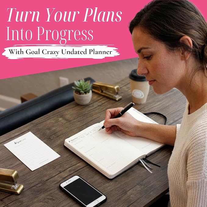 Goal Crazy Undated Daily Planner to Achieve Your Goals - 90 Day Guided Journal & Productivity Organizer with Goal Setting, Habit Tracker, To Do List, Academic & Work Calendar, Leather Hardcover - Rose Gold